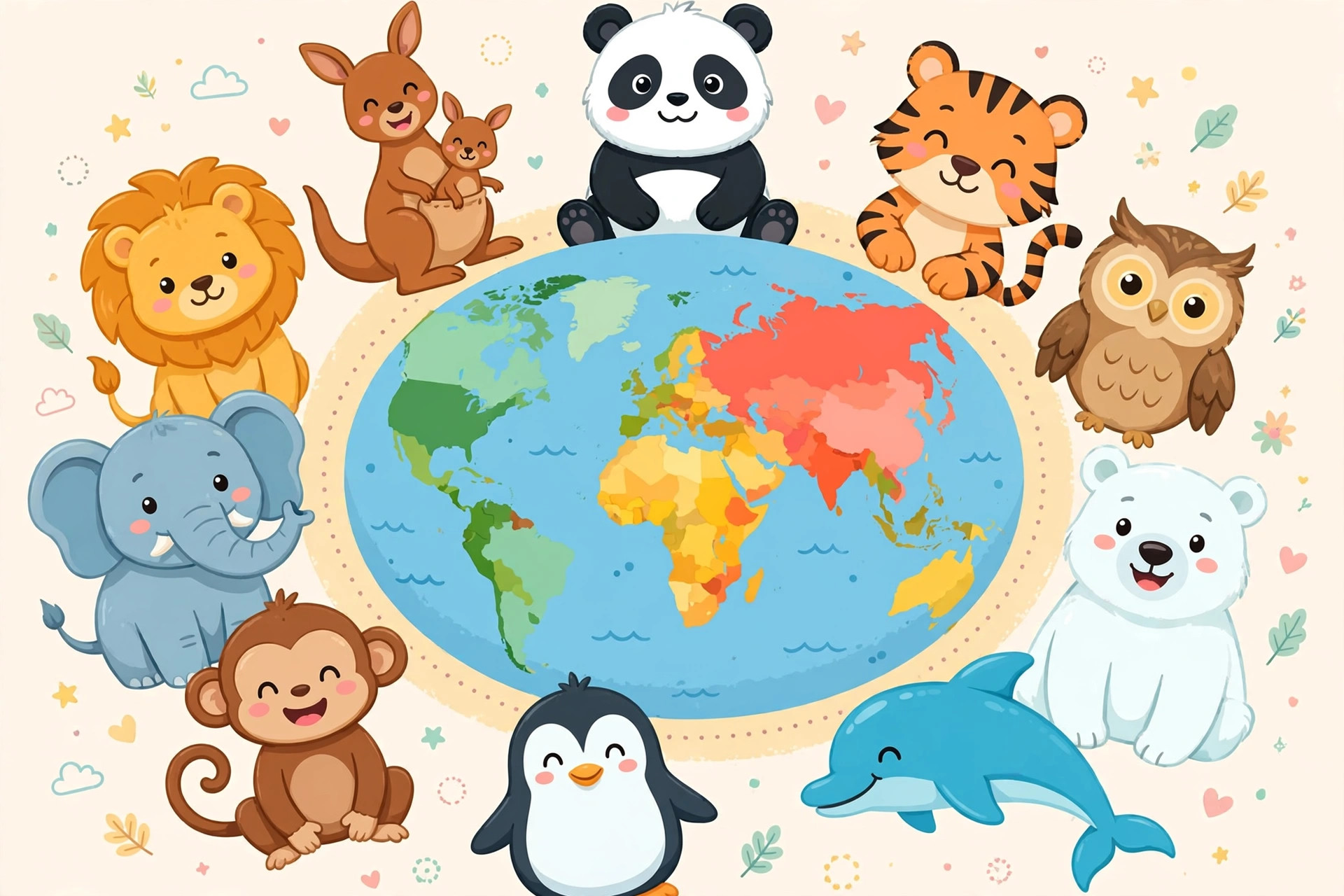 Cute cartoon animals around a world map