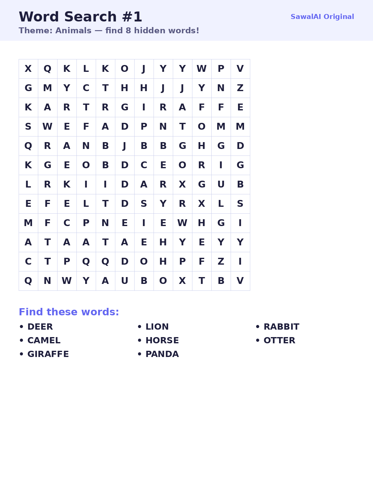 Word Search #1 — Animals — free sample page
