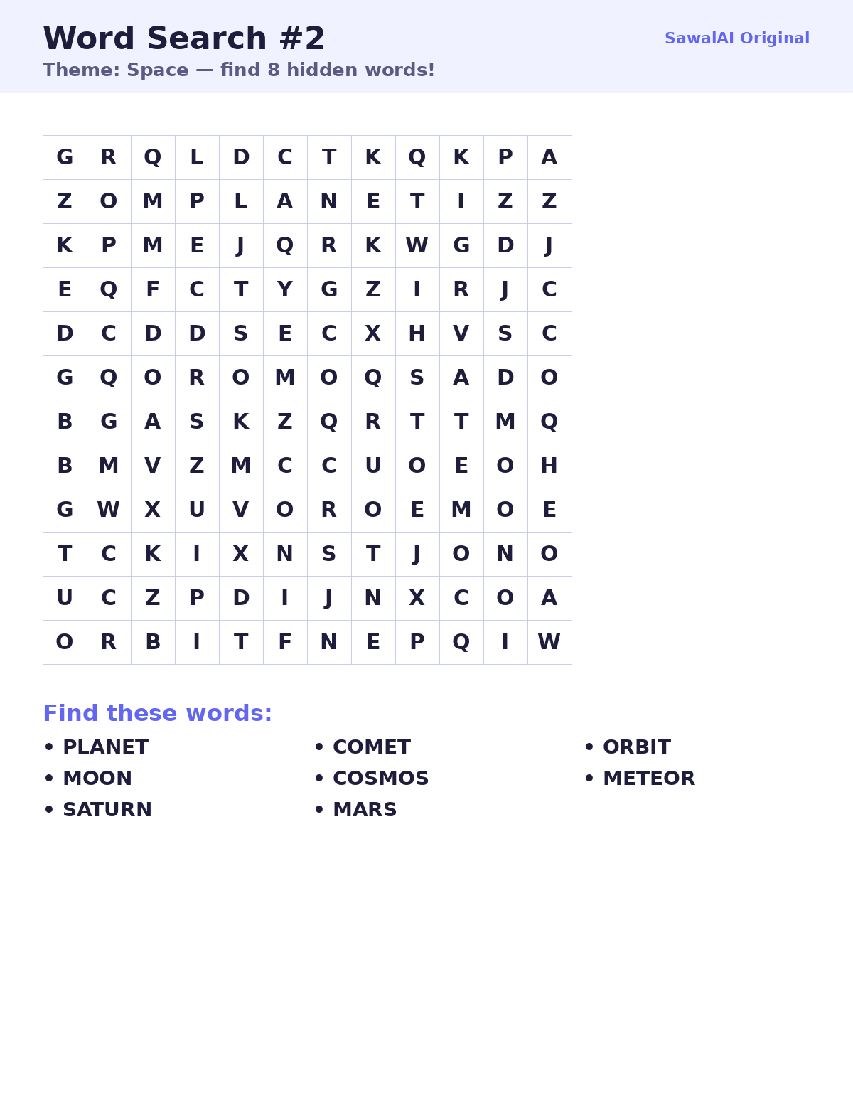 Word Search #2 — Space — free sample page